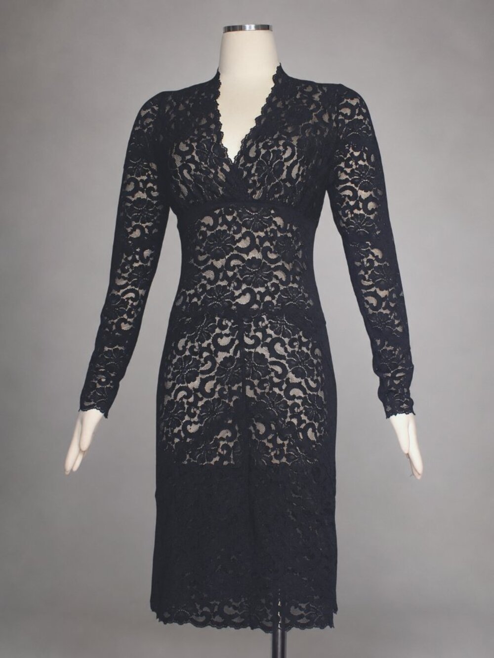 Nicole Miller Black Stretch Lace Dress Sheer Long Sleeve V-Neck Midi Size Small